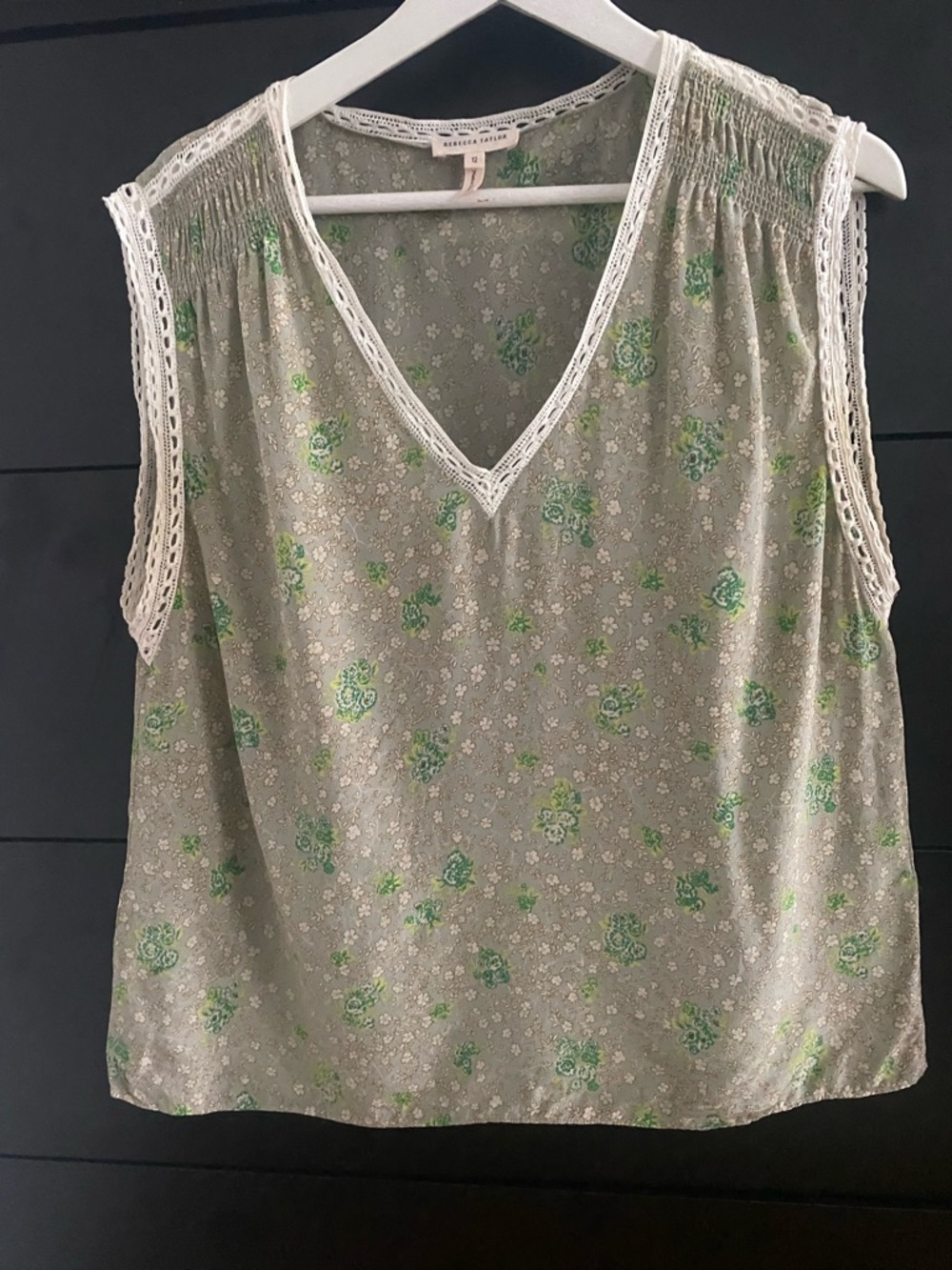 Rebecca Taylor Green silk Floral Lace-Trim V-Neck Camisole
